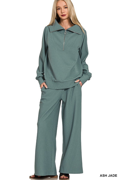 Ribbed High Neck Half Zip Pullover + Pants Set