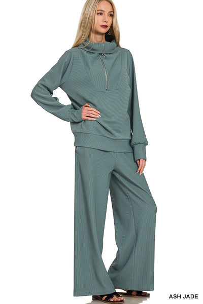 Ribbed High Neck Half Zip Pullover + Pants Set