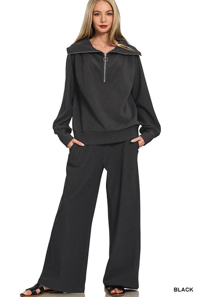Ribbed High Neck Half Zip Pullover + Pants Set