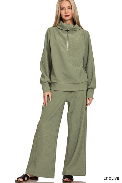 Ribbed High Neck Half Zip Pullover + Pants Set