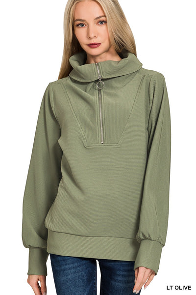 Ribbed High Neck Half Zip Pullover + Pants Set