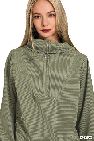 Ribbed High Neck Half Zip Pullover + Pants Set