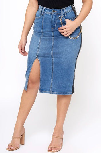 Vegan Leather Back and Denim Front Midi Skirt