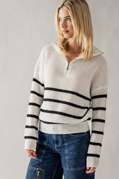 Half Zip Striped Knit Sweater