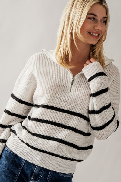 Half Zip Striped Knit Sweater