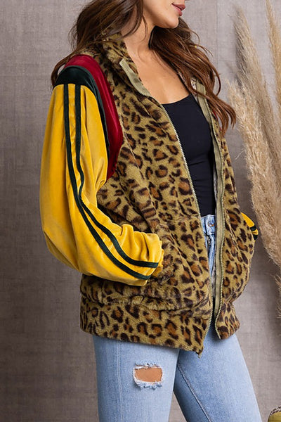 Leopard and Soft Velour Mix Fabric Track Jacket