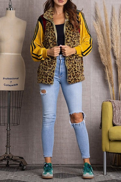 Leopard and Soft Velour Mix Fabric Track Jacket