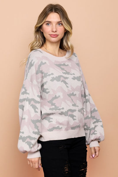 Light Camouflage Bubble Sleeve Knit Sweater