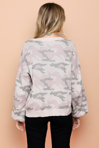 Light Camouflage Bubble Sleeve Knit Sweater
