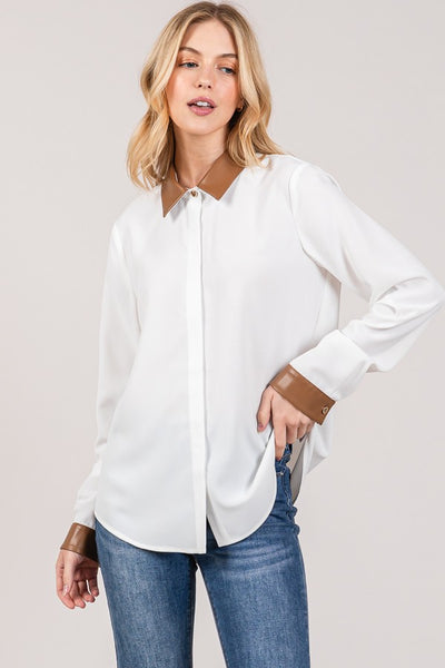Faux Leather Contrast Crepe Dress Shirt