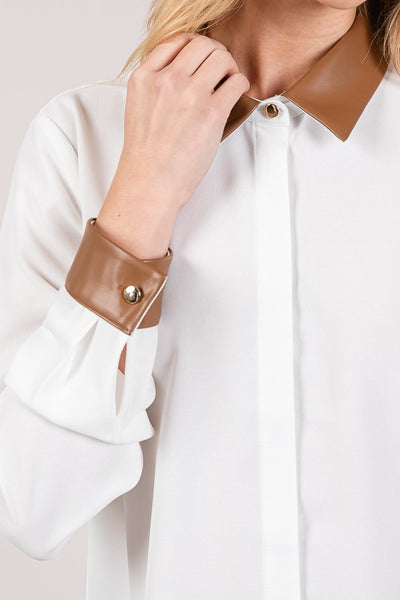 Faux Leather Contrast Crepe Dress Shirt