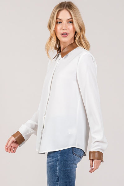 Faux Leather Contrast Crepe Dress Shirt