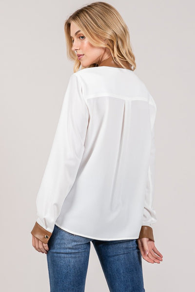 Faux Leather Contrast Crepe Dress Shirt