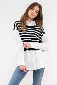 Striped Knit Vest over White Shirt