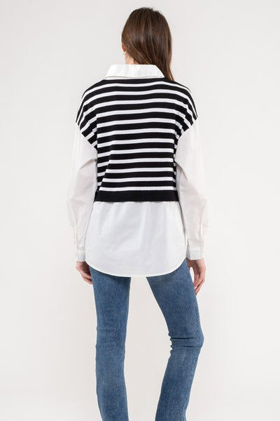 Striped Knit Vest over White Shirt