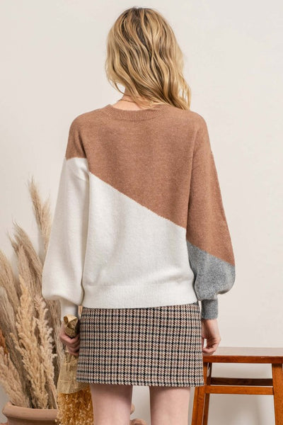 Color Block Bubble Sleeve Knit Sweater