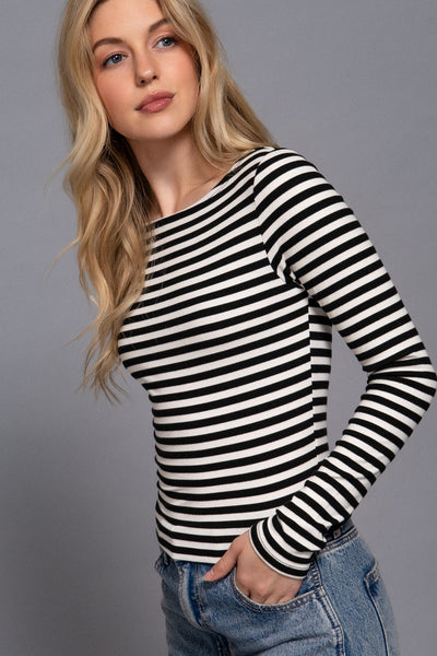 Striped Brushed Rib Long Sleeve Top