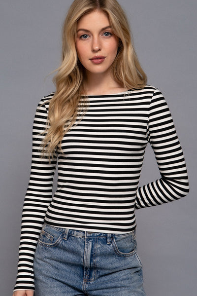 Striped Brushed Rib Long Sleeve Top