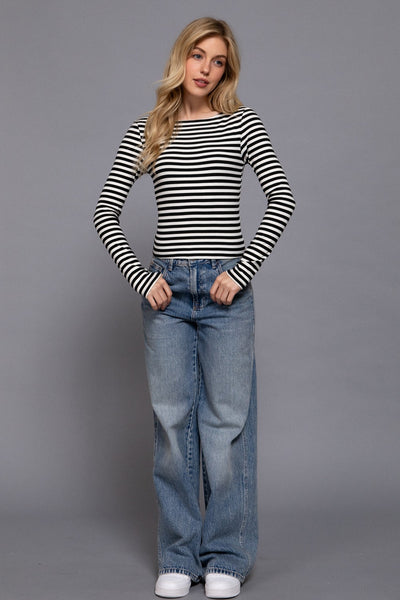 Striped Brushed Rib Long Sleeve Top