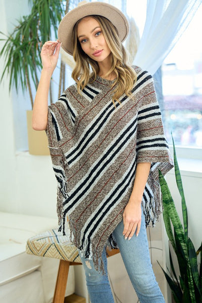 Stripe V Neck Knit Poncho Sweater