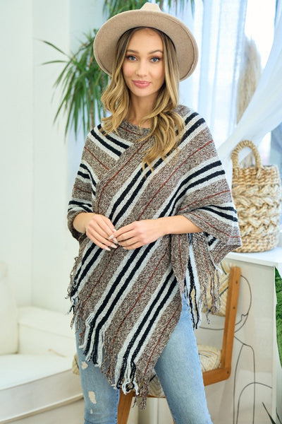 Stripe V Neck Knit Poncho Sweater