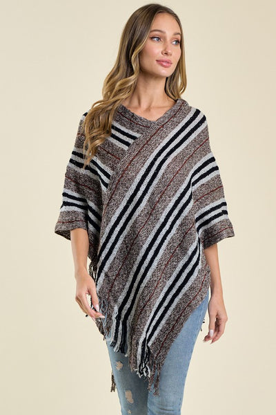 Stripe V Neck Knit Poncho Sweater