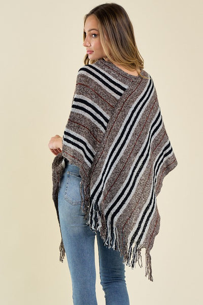 Stripe V Neck Knit Poncho Sweater