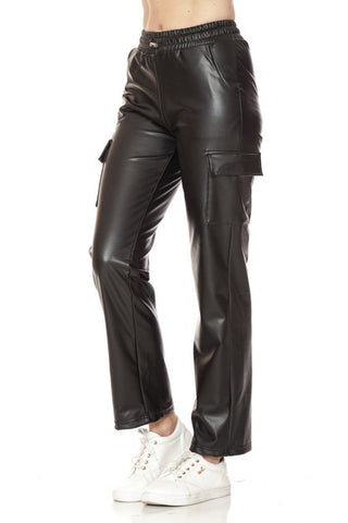 Fleece Faux Leather Cargo Pants