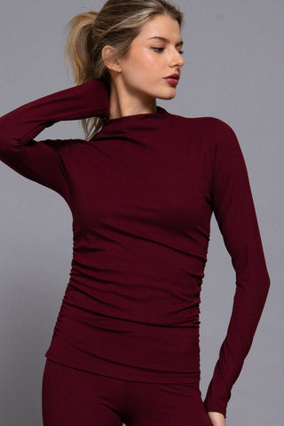 Super Soft Long Slv High Neck Ruched Workout Top