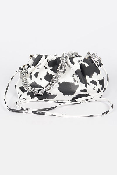 Faux Leather Cow Print Clutch W Link Chain