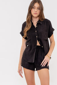 Crinkle Solid Fold Sleeve Button Down Top