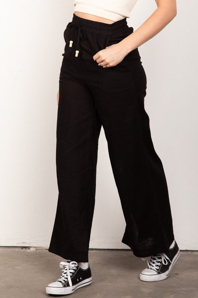 Linen Elastic Waist Solid Comfy Wide Pants