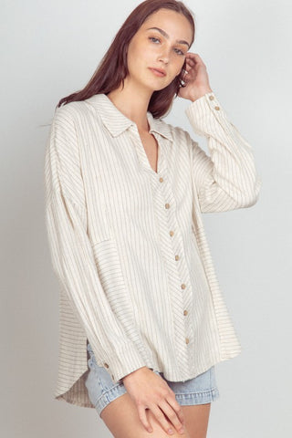 Oversized Striped Linen Collared Shirt Top