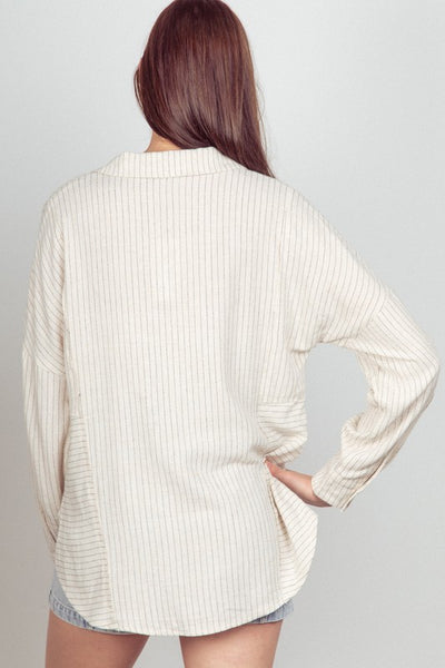 Oversized Striped Linen Collared Shirt Top