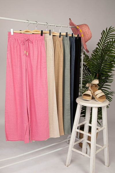 Linen Elastic Waist Solid Comfy Wide Pants