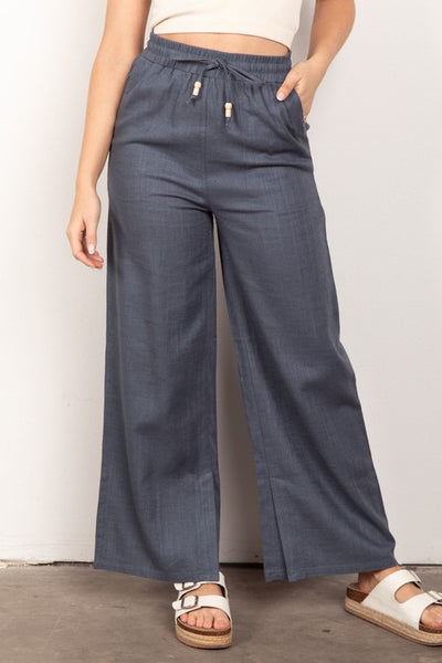 Linen Elastic Waist Solid Comfy Wide Pants