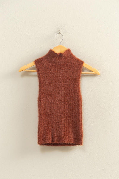 Fuzzy Ribbed Sleeveless High Neck Knit Top