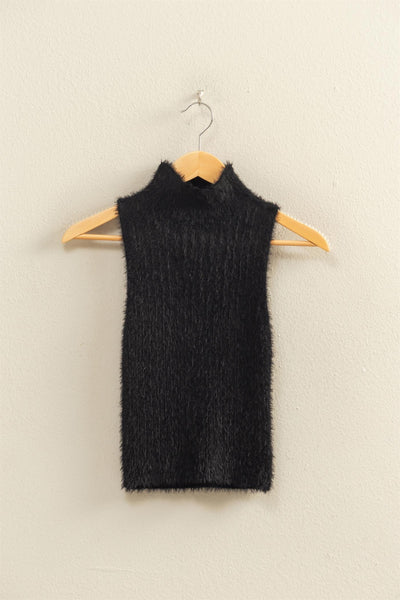 Fuzzy Ribbed Sleeveless High Neck Knit Top