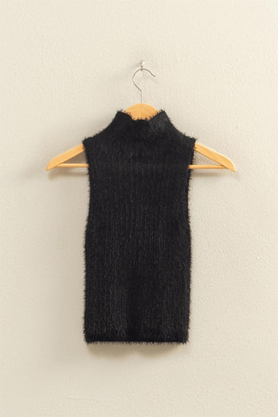 Fuzzy Ribbed Sleeveless High Neck Knit Top