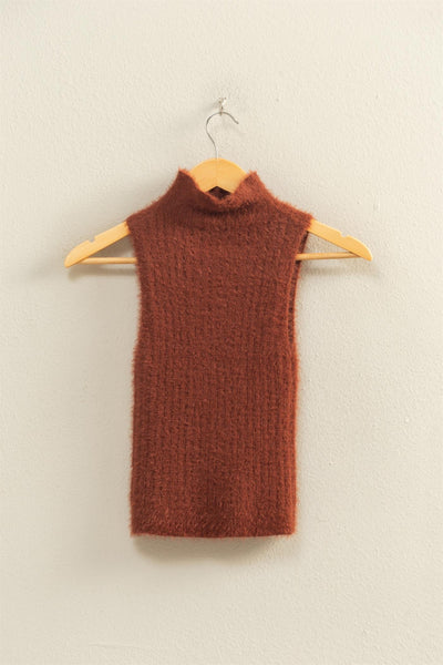 Fuzzy Ribbed Sleeveless High Neck Knit Top