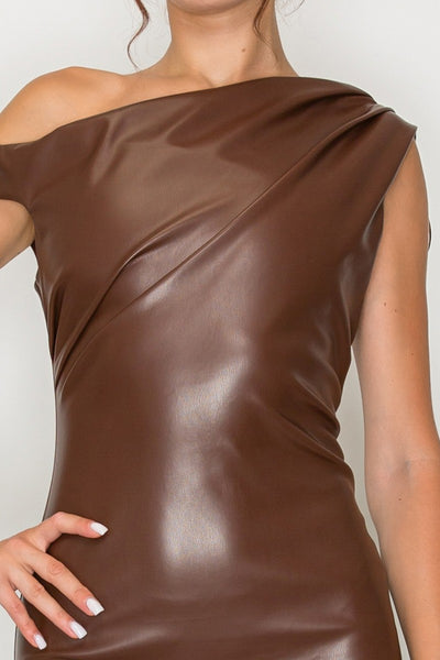 Faux Leather Stretch One-shoulder Mini Dress