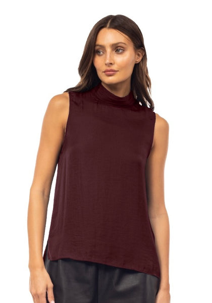 Satin Sleeveless Pleated Mock Neck Top
