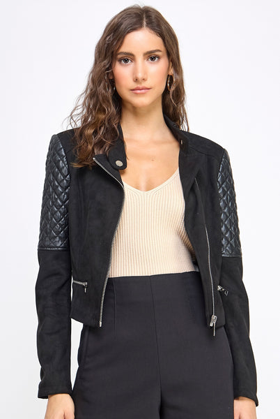 Suede & Faux Leather Asymmetrical Zipper Ribbed Arm Jacket