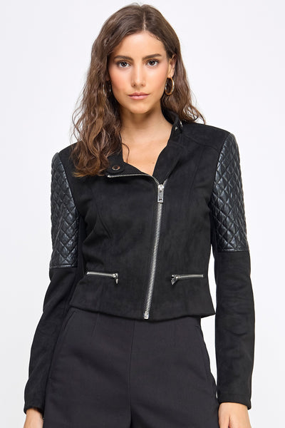 Suede & Faux Leather Asymmetrical Zipper Ribbed Arm Jacket