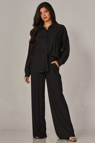 Rhinestone Crinkled Button Down Blouse + Pants Set