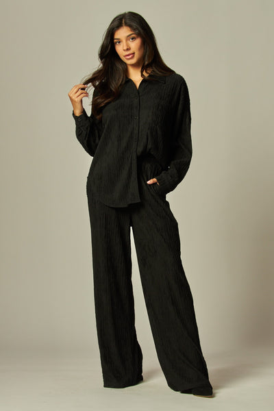 Crinkled Plisse Button Down Blouse + Pants Set