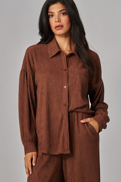 Crinkled Plisse Button Down Blouse + Pants Set