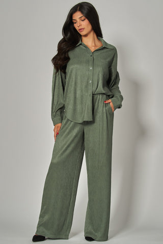 Crinkled Plisse Button Down Blouse + Pants Set