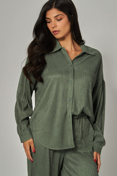Crinkled Plisse Button Down Blouse + Pants Set