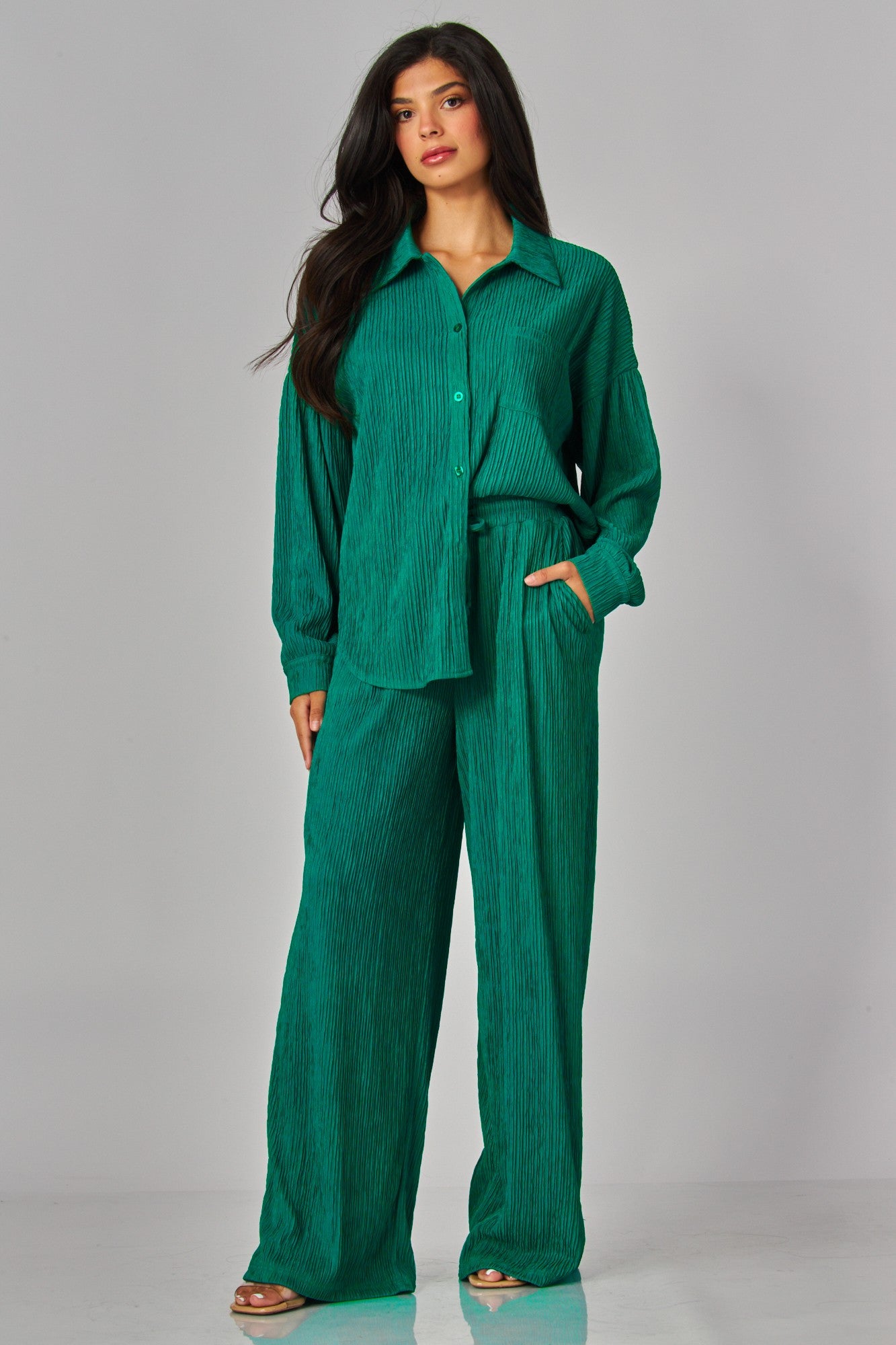Crinkled Plisse Button Down Blouse + Pants Set